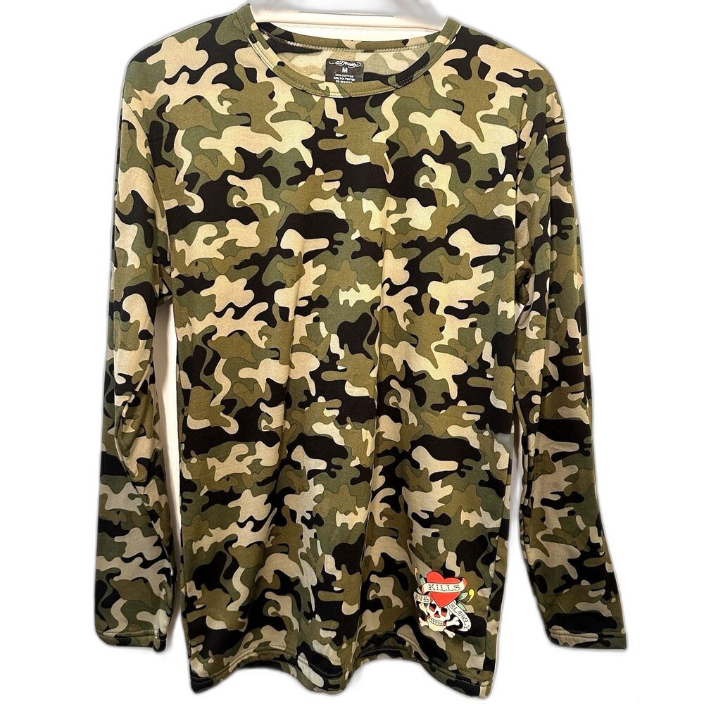 Ed Hardy Camoflauge Long Sleeve T-Shirt Skull Tattoo Graphic Men’s M Cotton
